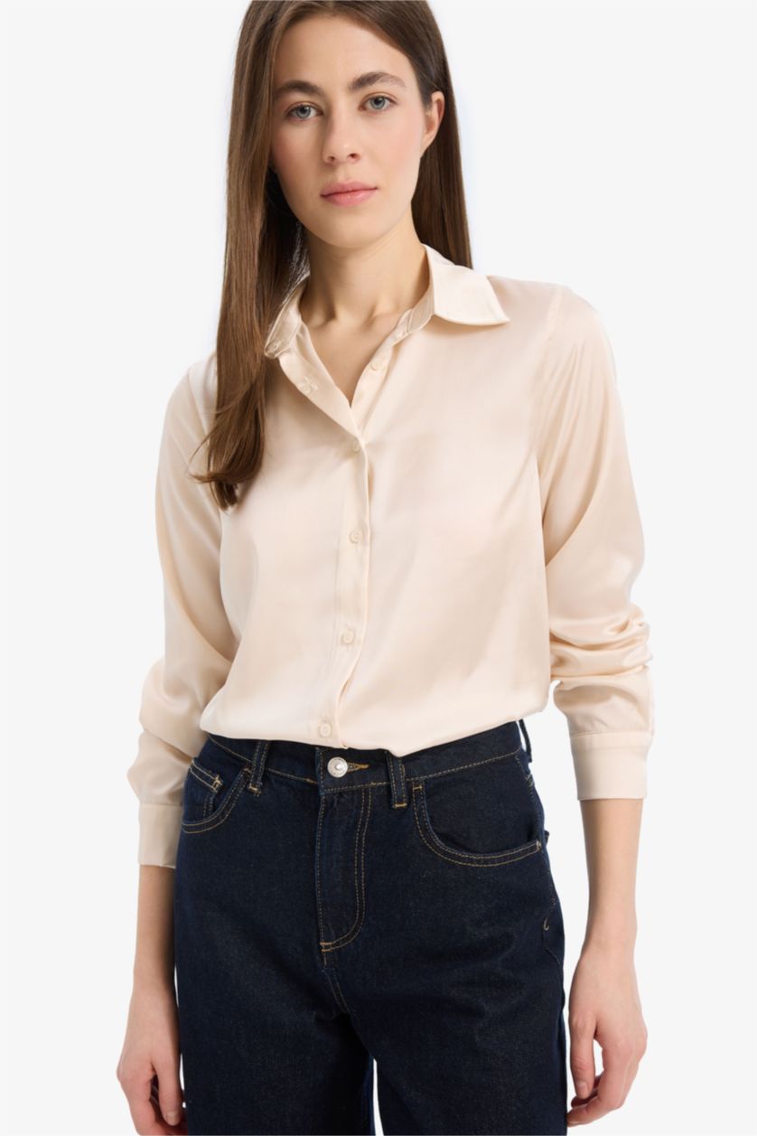 WOMAN Light Stone Regular Fit Satin Long Sleeve Shirt