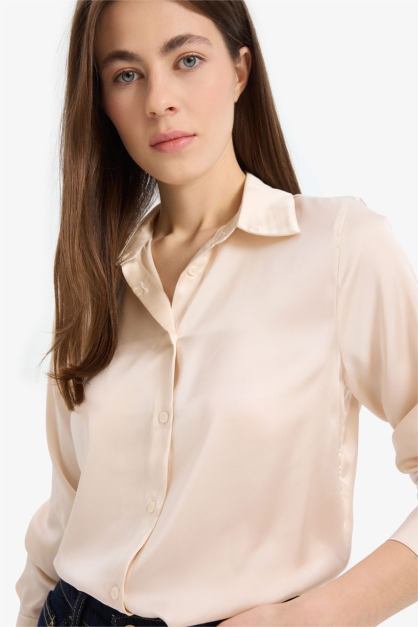 WOMAN Light Stone Regular Fit Satin Long Sleeve Shirt