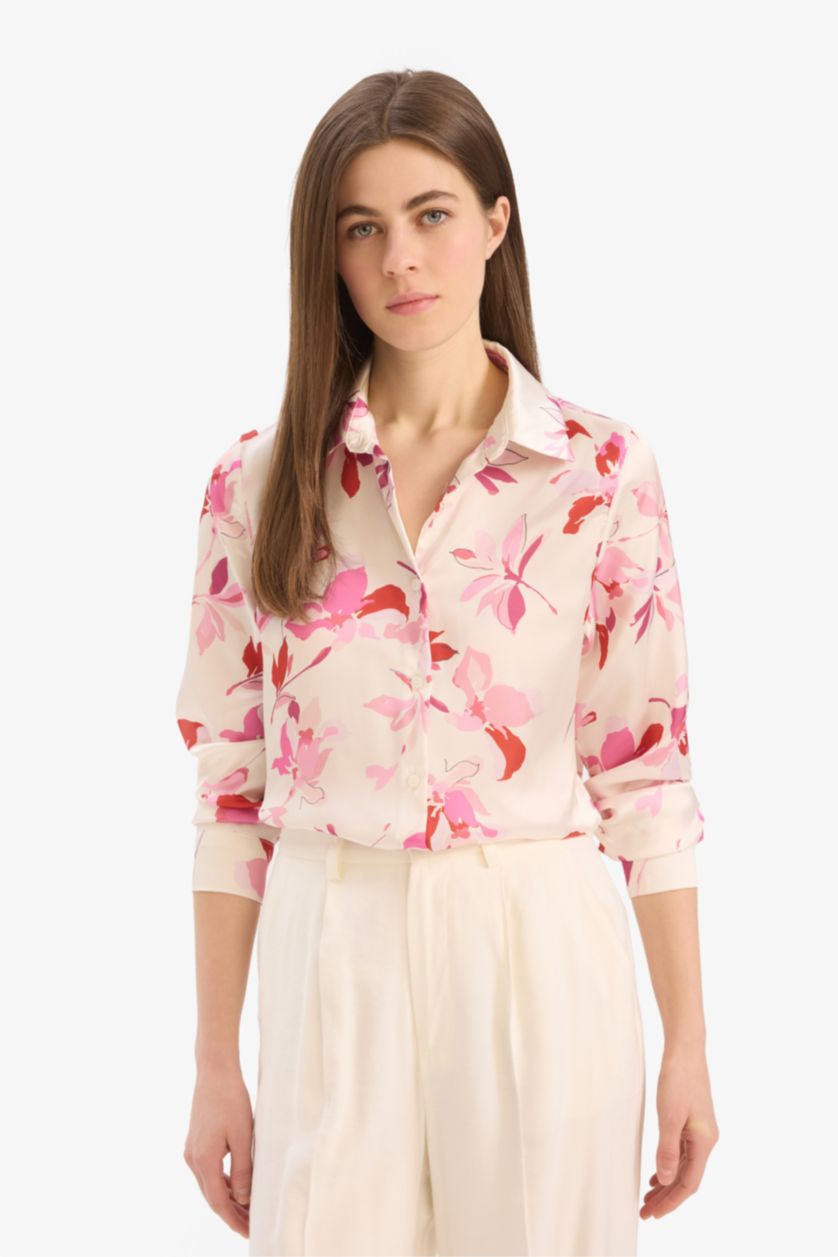 FEMME Écru Chemise en satin fleurie à manches longues Coupe régulière