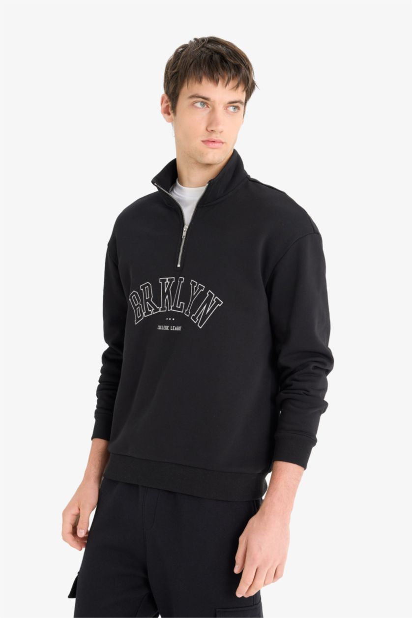 Erkek Siyah Boxy Fit Dik Yaka Fermuarlı Baskılı Sweatshirt