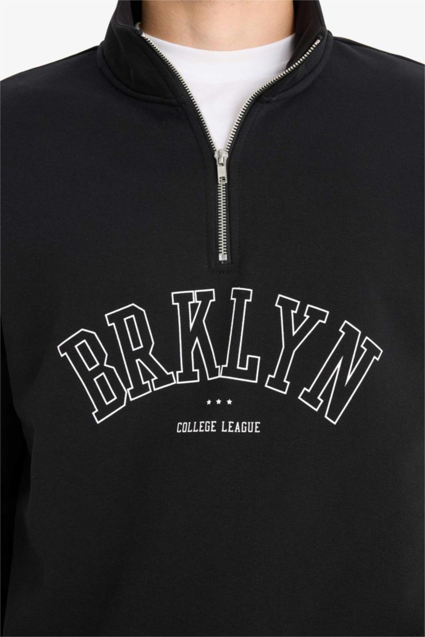 Erkek Siyah Boxy Fit Dik Yaka Fermuarlı Baskılı Sweatshirt