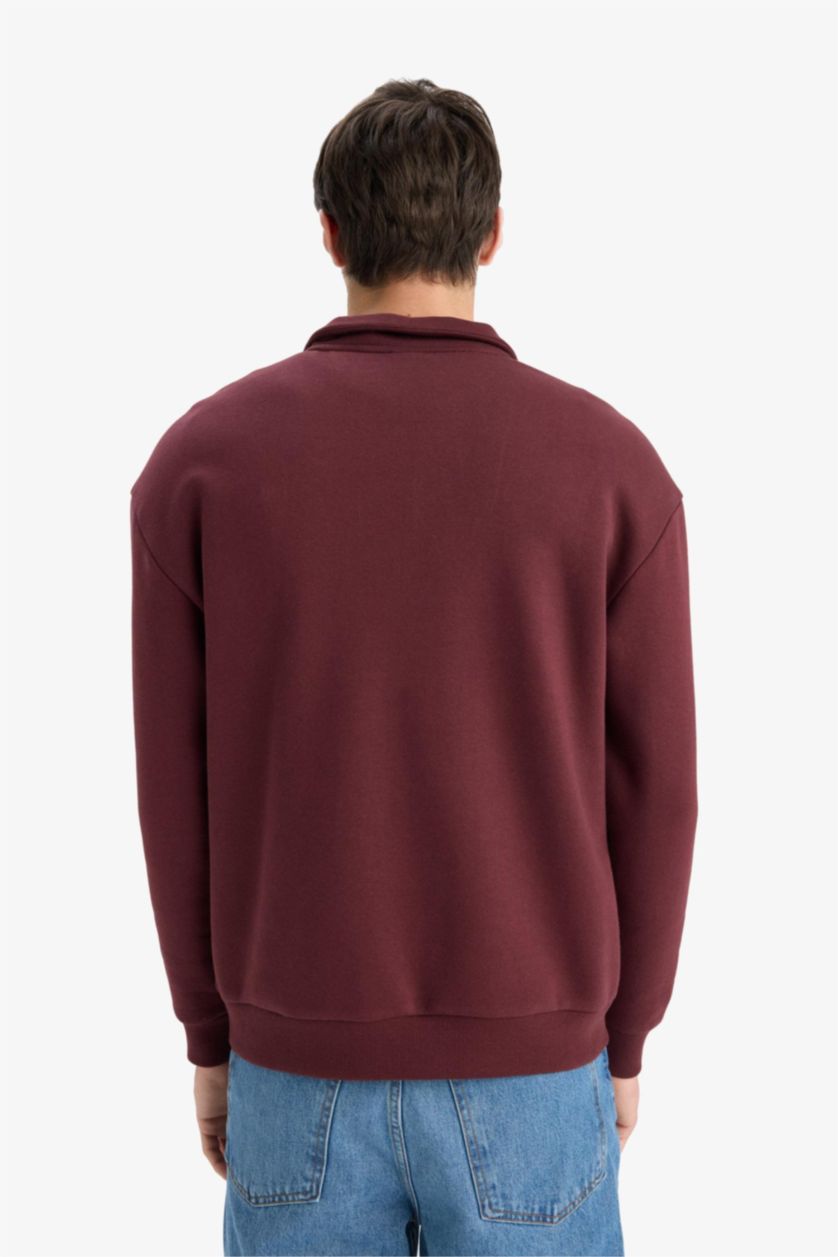 Erkek Koyu Bordo Boxy Fit Dik Yaka Fermuarlı Baskılı Sweatshirt