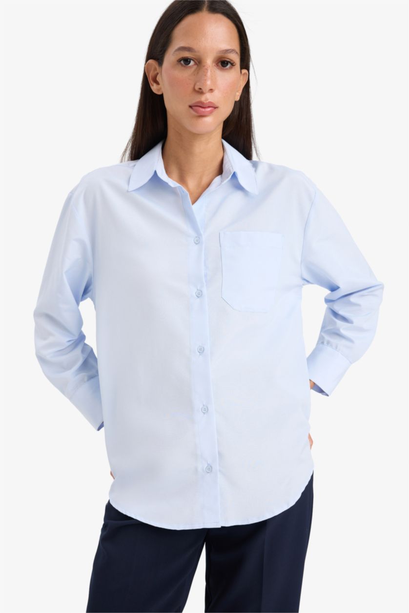 WOMAN Blue Oversize Fit Shirt Collar Poplin Long Sleeve Shirt