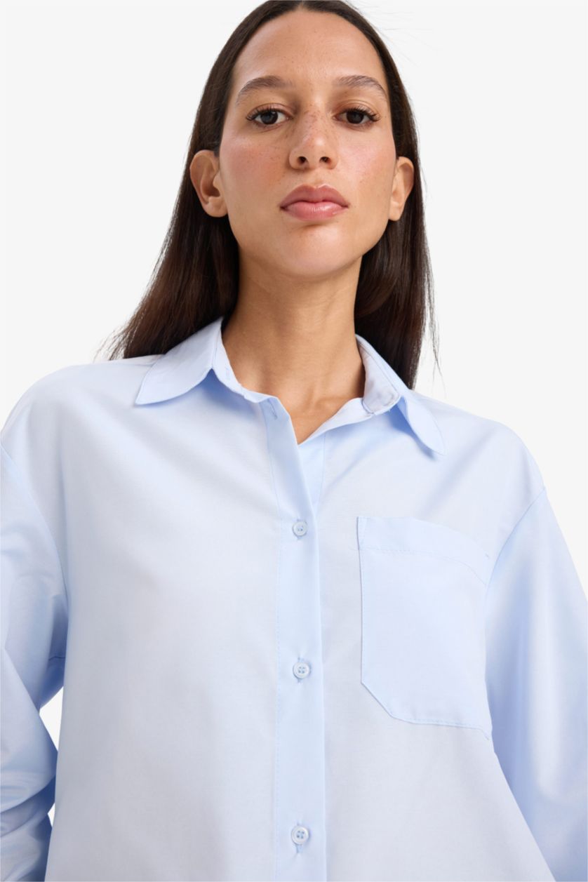 WOMAN Blue Oversize Fit Shirt Collar Poplin Long Sleeve Shirt
