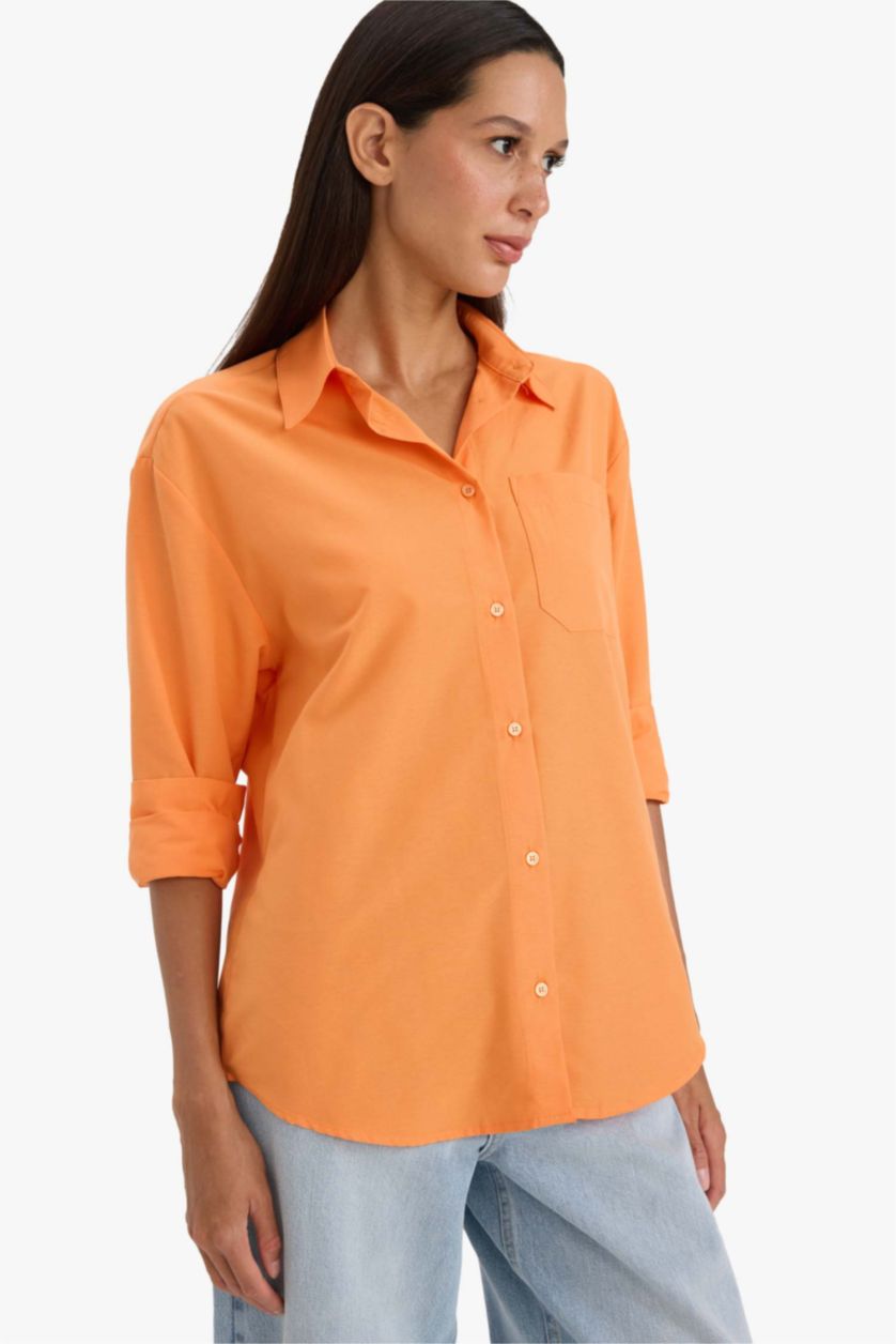 Woman Orange Oversize Fit Shirt Collar Poplin Long Sleeve Shirt