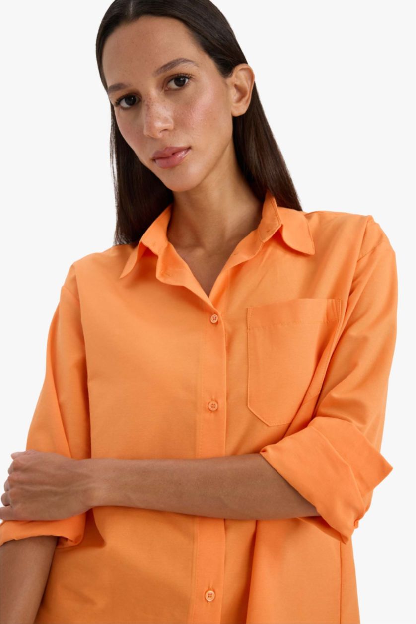 Woman Orange Oversize Fit Shirt Collar Poplin Long Sleeve Shirt