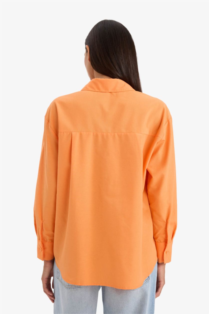 Woman Orange Oversize Fit Shirt Collar Poplin Long Sleeve Shirt
