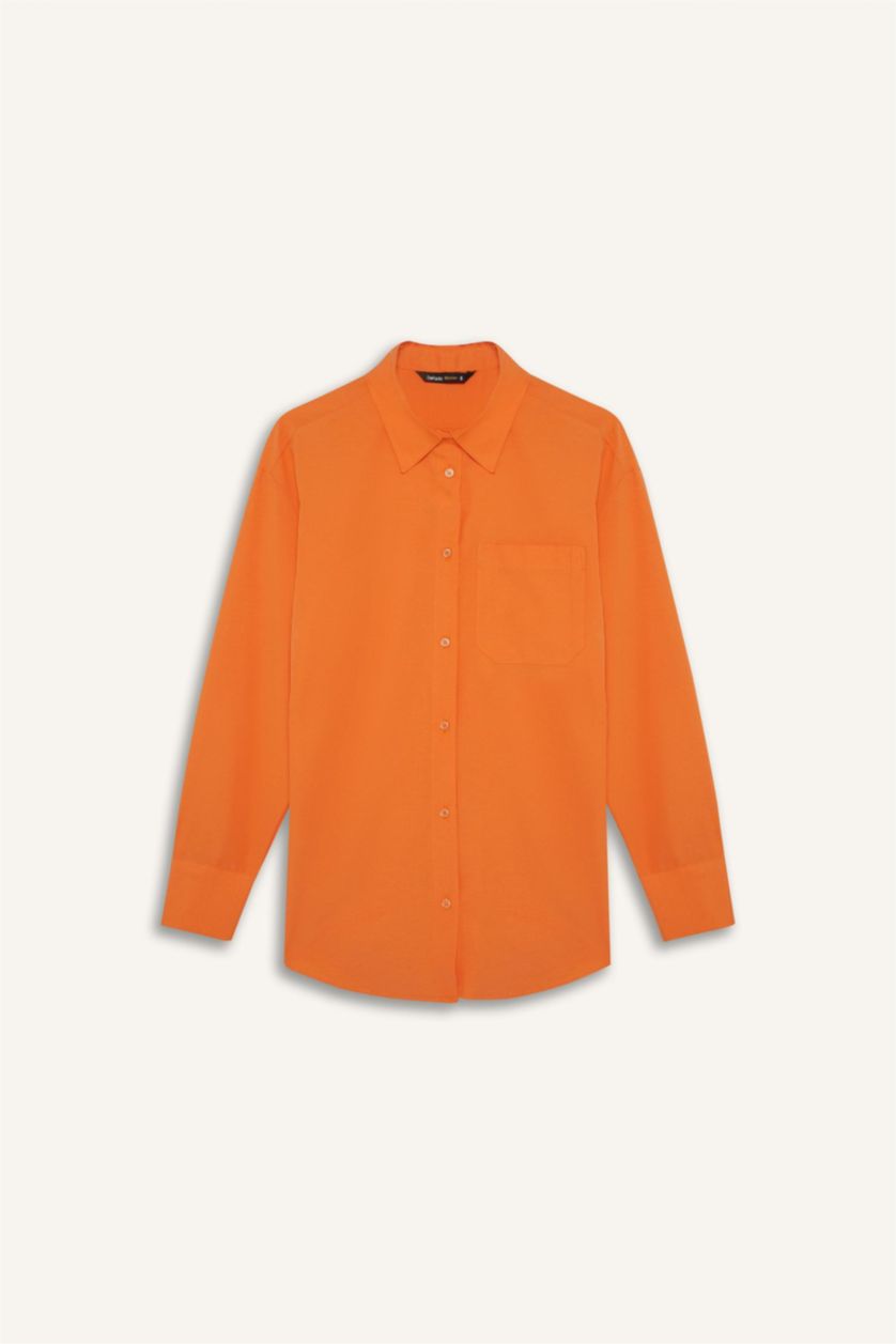 Woman Orange Oversize Fit Shirt Collar Poplin Long Sleeve Shirt