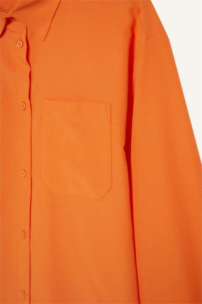 Woman Orange Oversize Fit Shirt Collar Poplin Long Sleeve Shirt