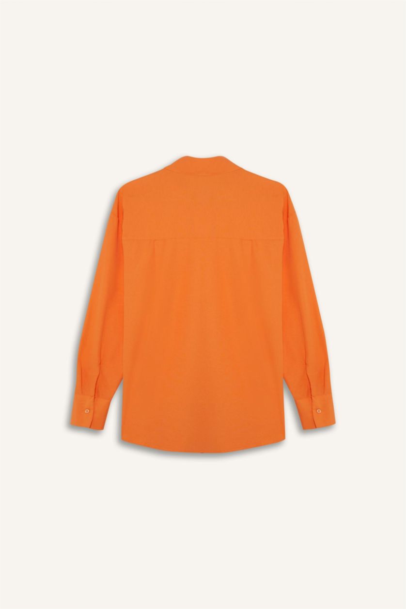 Woman Orange Oversize Fit Shirt Collar Poplin Long Sleeve Shirt