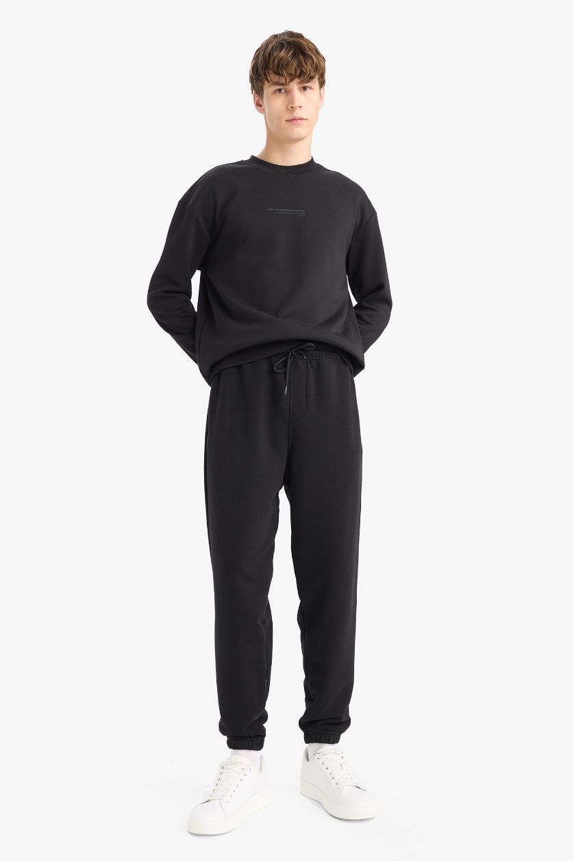 Erkek Siyah Regular Fit Beli Bağcılı Paçası Lastikli Cepli Basic Düz Jogger Eşofman Altı