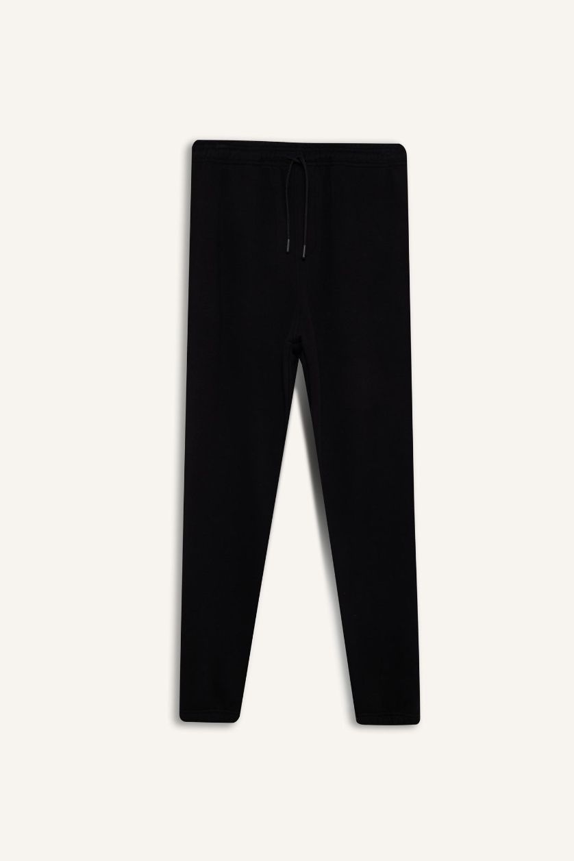 Erkek Siyah Regular Fit Beli Bağcılı Paçası Lastikli Cepli Basic Düz Jogger Eşofman Altı