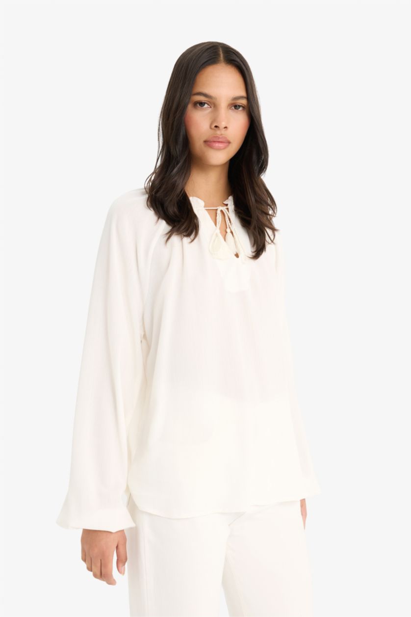 Kadın Ekru Regular Fıt Bisiklet Yaka Krinkıl Kumaş Uzun Kollu Bluz