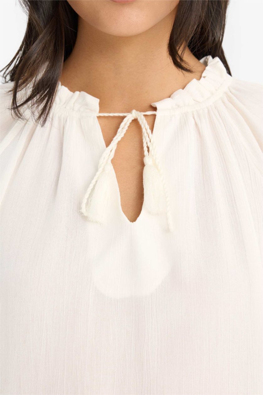 Kadın Ekru Regular Fıt Bisiklet Yaka Krinkıl Kumaş Uzun Kollu Bluz