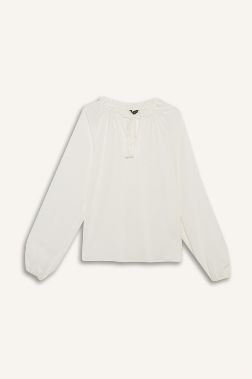 Kadın Ekru Regular Fıt Bisiklet Yaka Krinkıl Kumaş Uzun Kollu Bluz