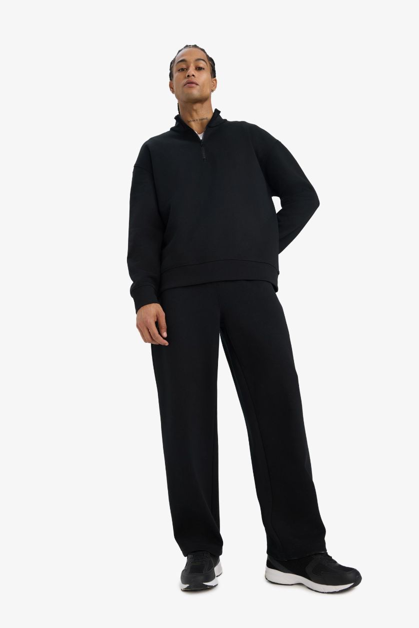 Erkek Siyah Wide Leg Beli Bağcıklı Geniş Paça Bol Eşofman Altı