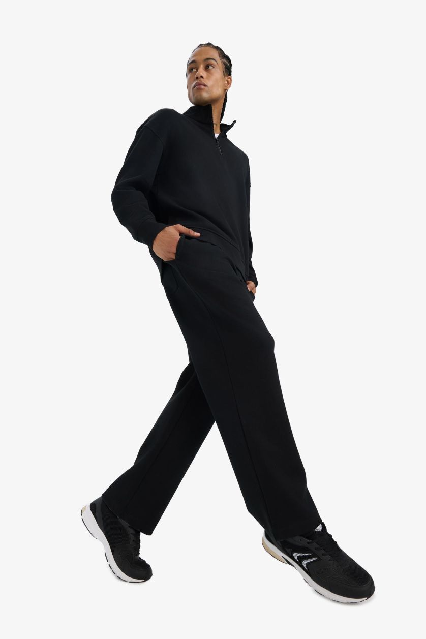 Erkek Siyah Wide Leg Beli Bağcıklı Geniş Paça Bol Eşofman Altı