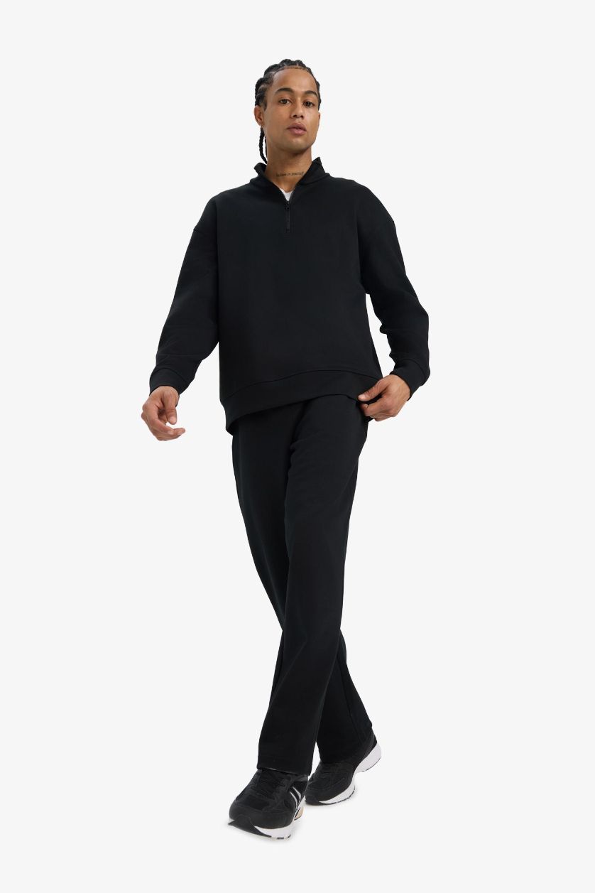 Erkek Siyah Wide Leg Beli Bağcıklı Geniş Paça Bol Eşofman Altı