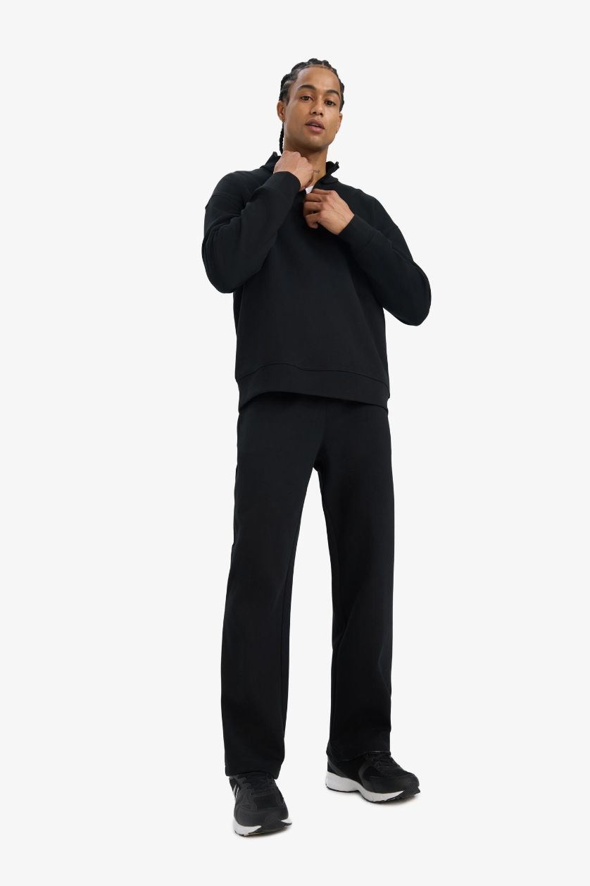 Erkek Siyah Wide Leg Beli Bağcıklı Geniş Paça Bol Eşofman Altı