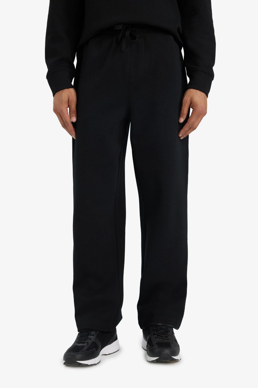 Erkek Siyah Wide Leg Beli Bağcıklı Geniş Paça Bol Eşofman Altı