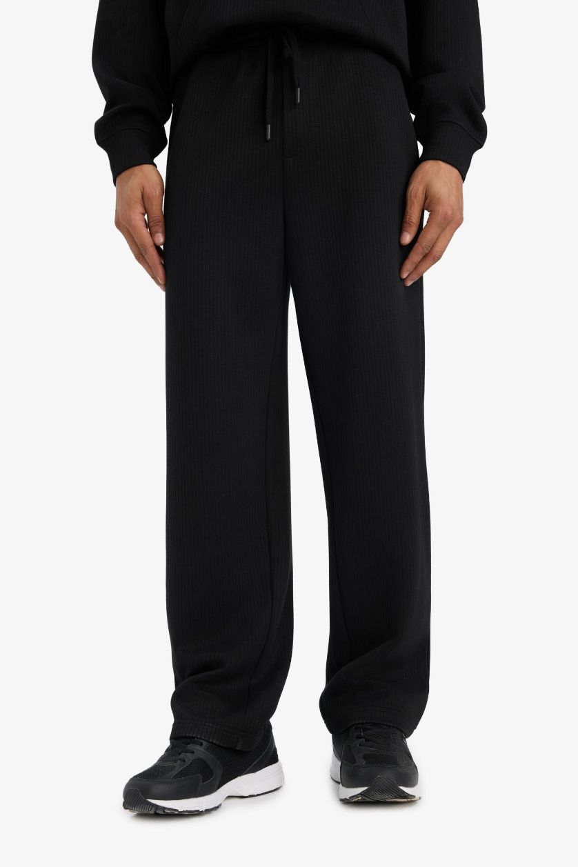 Man Black Wide Leg Textured Sweatpants