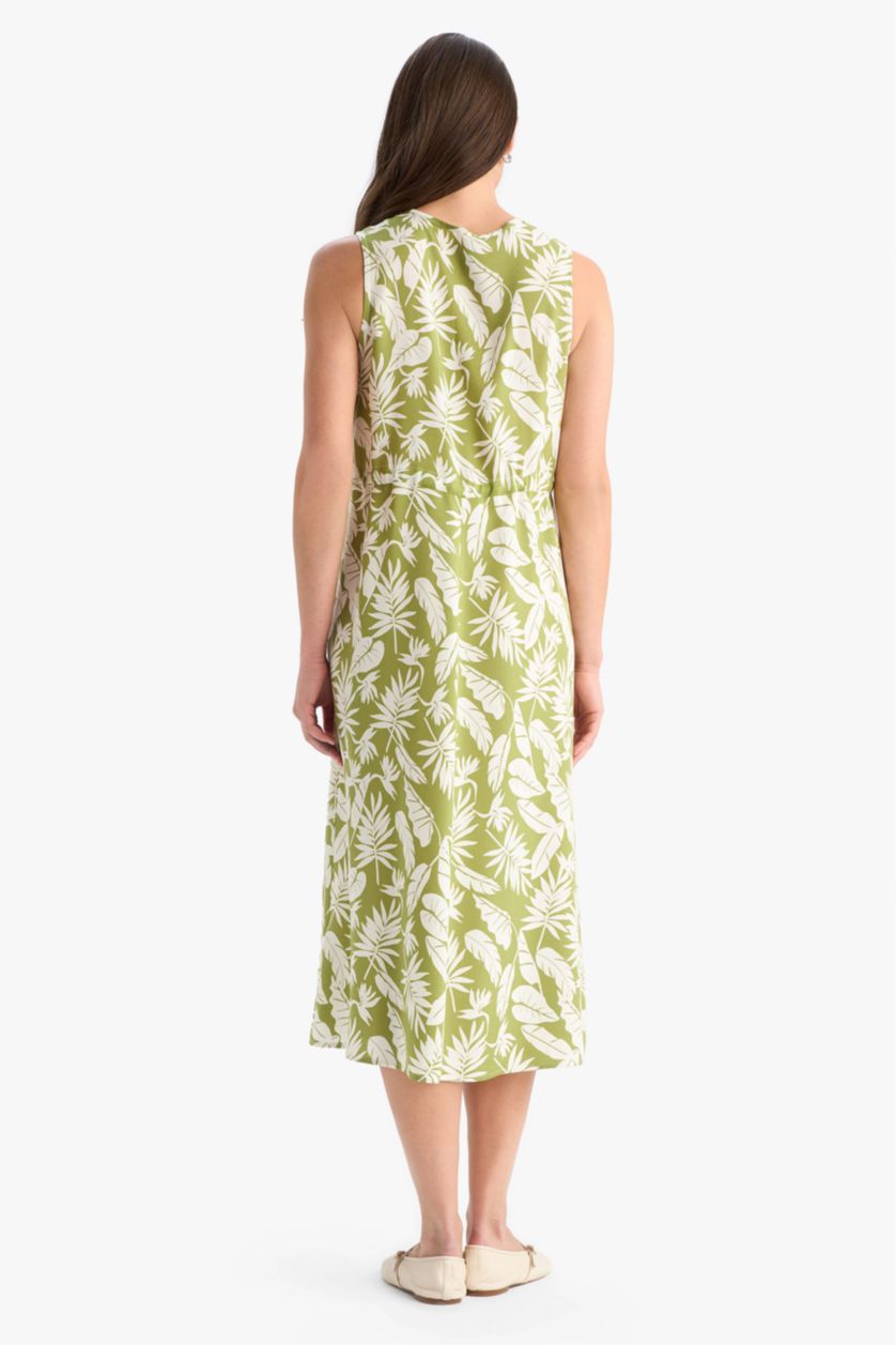 Kadın Yeşil Regular Fit Desenli Büzgülü Yaka Kolsuz Midi Yazlık Elbise