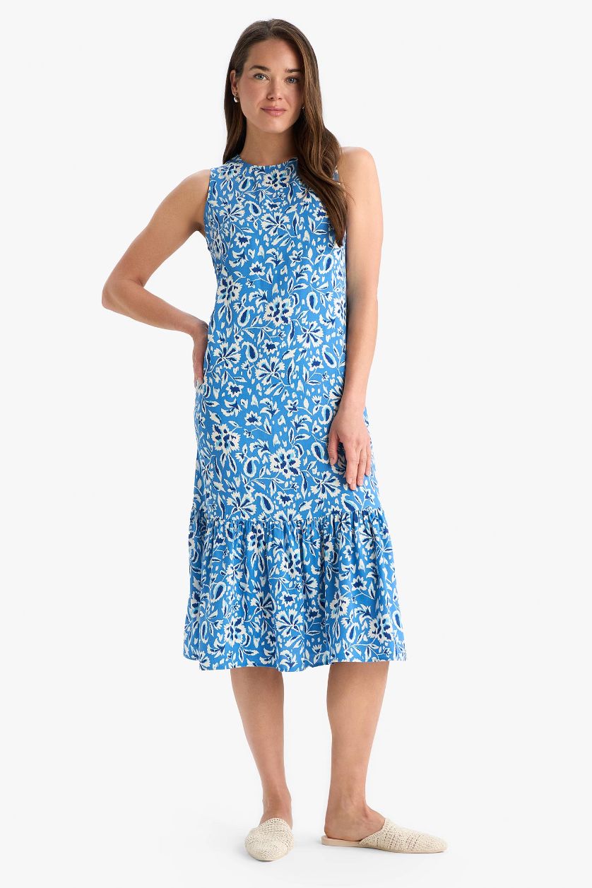 Kadın Mavi Regular Fit Çiçek Desenli Bisiklet Yaka Kolsuz Midi Yazlık Elbise
