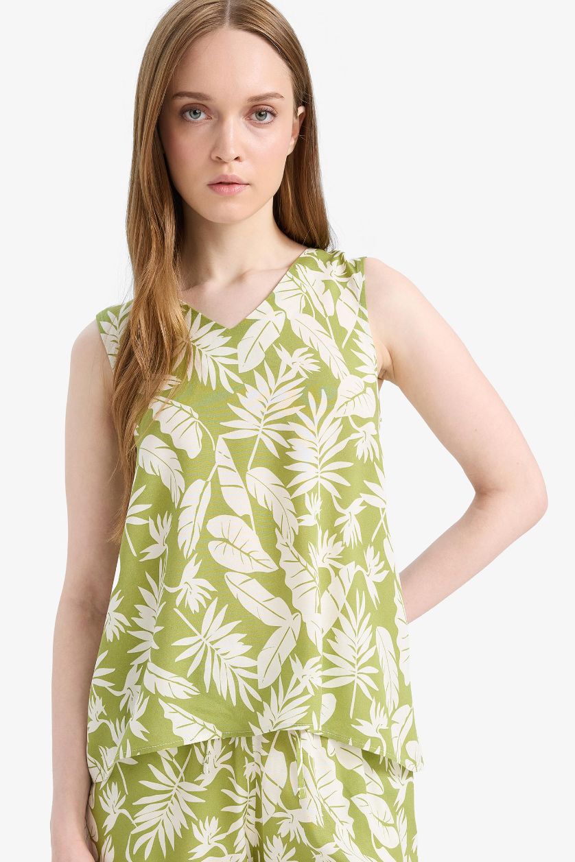 حريمي أخضر بلوزة كت منقوش قصة عادية وياقة V