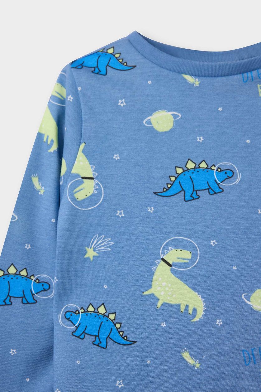 Erkek Bebek Mavi %100 Pamuklu Dinozor Baskılı Beli Lastikli Pijama Takımı Erkek Bebek