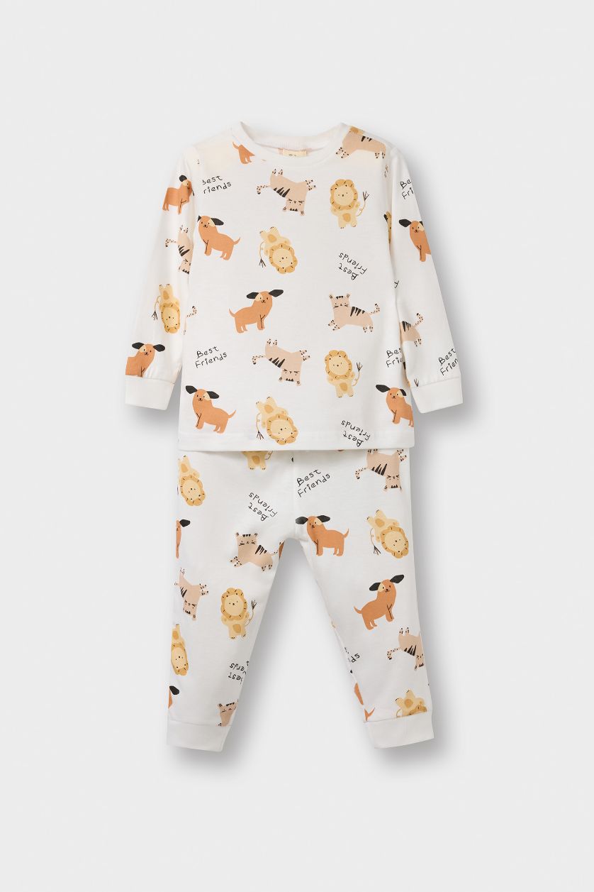 Erkek Bebek Bej %100 Pamuklu Hayvan Desenli Beli Lastikli Pijama Takımı Erkek Bebek