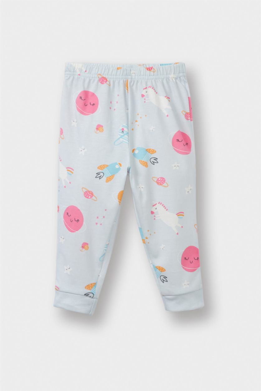 Kız Bebek Açık Mavi %100 Pamuklu Uzay Baskılı Beli Lastikli Pijama Takımı Kız Bebek