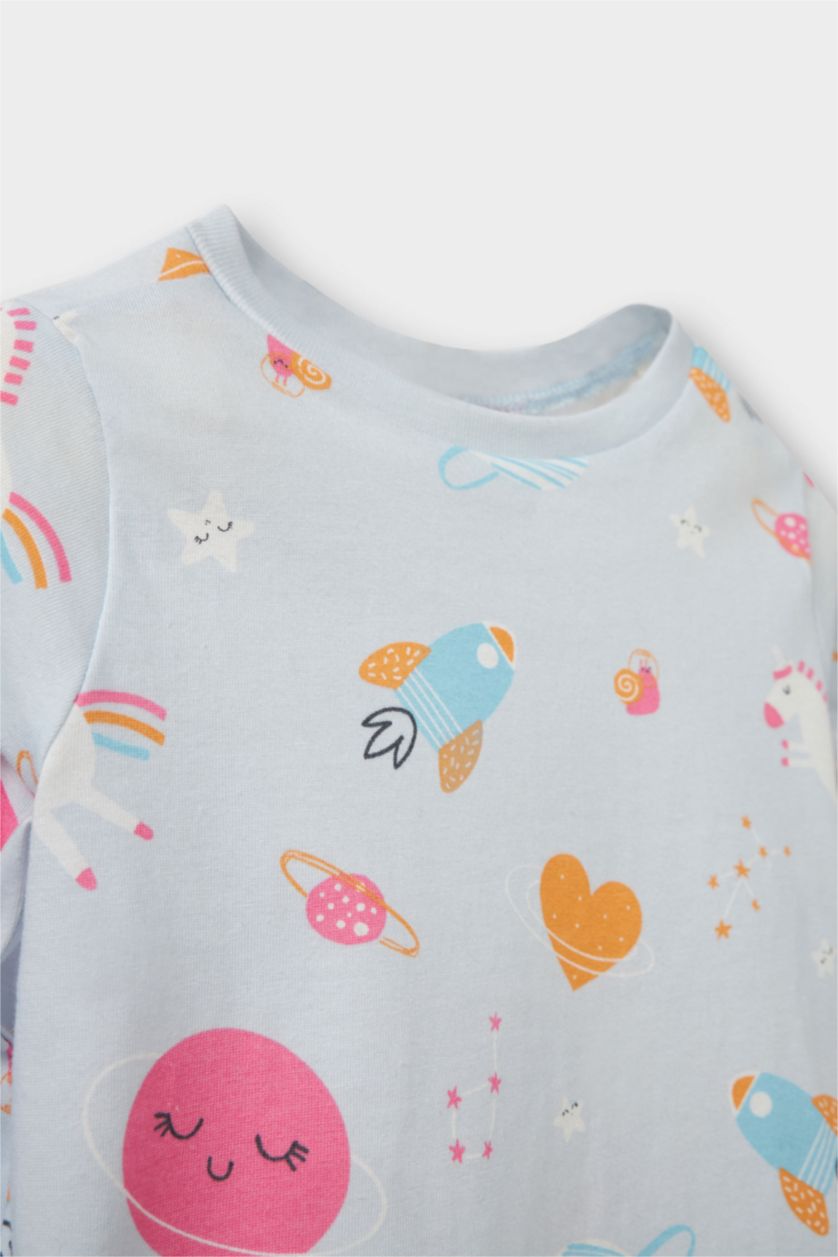 Kız Bebek Açık Mavi %100 Pamuklu Uzay Baskılı Beli Lastikli Pijama Takımı Kız Bebek