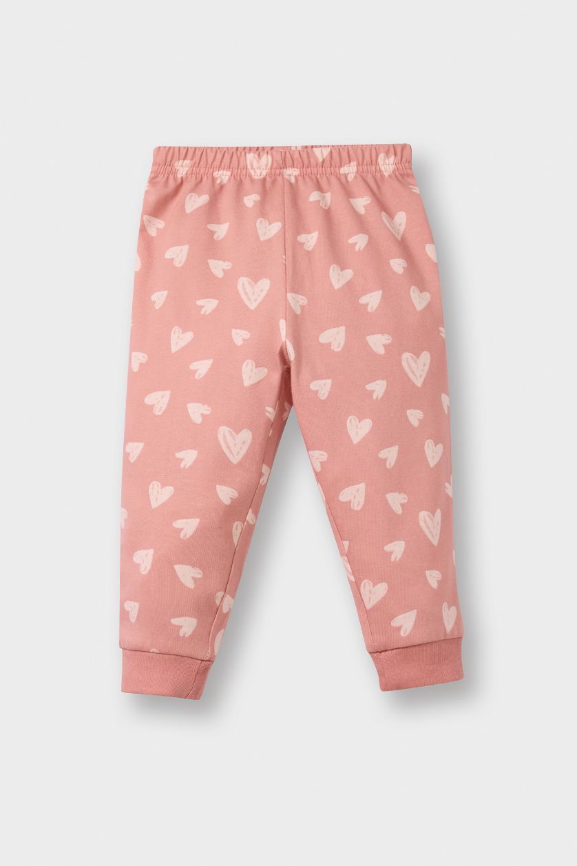 Kız Bebek Gülkurusu %100 Pamuklu Kalp Desenli Beli Lastikli Pijama Takımı Kız Bebek