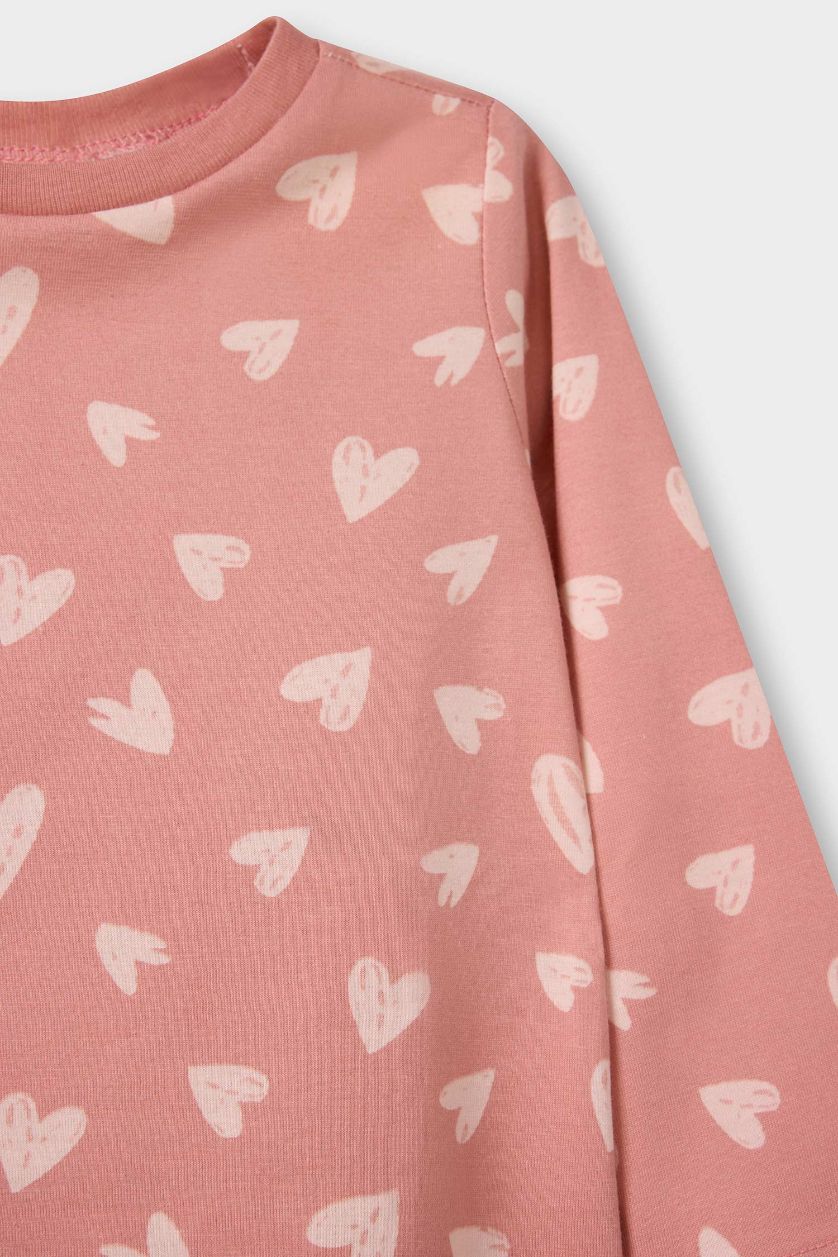 Kız Bebek Gülkurusu %100 Pamuklu Kalp Desenli Beli Lastikli Pijama Takımı Kız Bebek