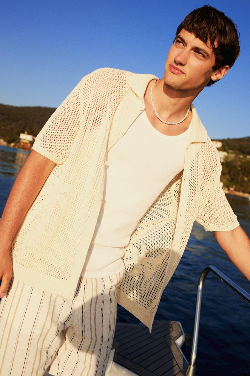 Erkek Ekru Standart Fit Polo Yaka Triko Kısa Kollu Tişört