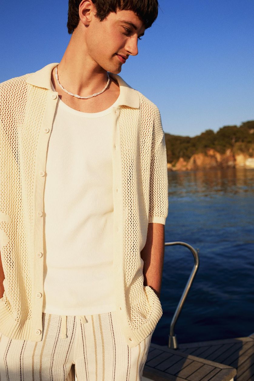 Erkek Ekru Standart Fit Polo Yaka Triko Kısa Kollu Tişört