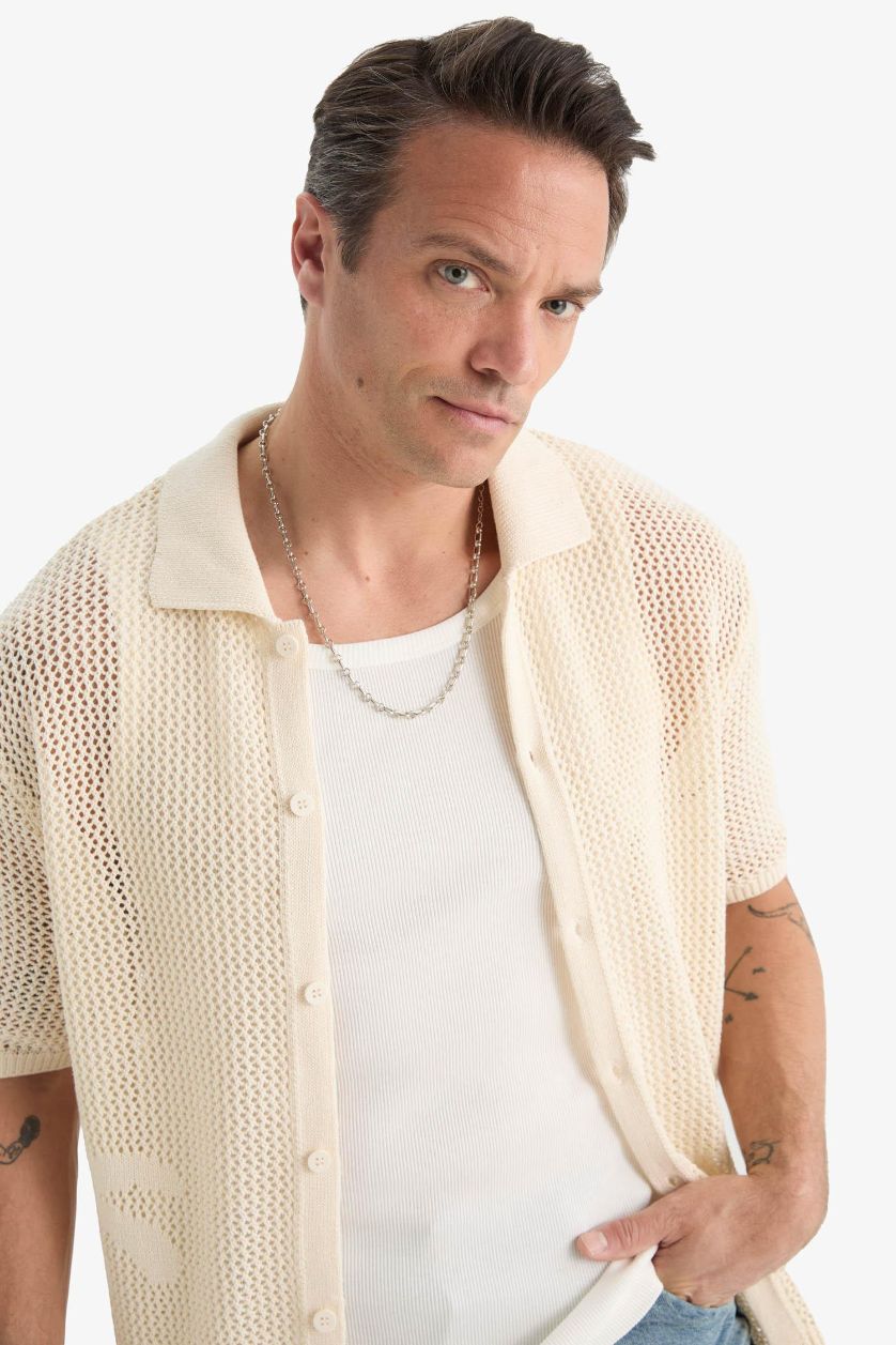 Erkek Ekru Standart Fit Polo Yaka Triko Kısa Kollu Tişört