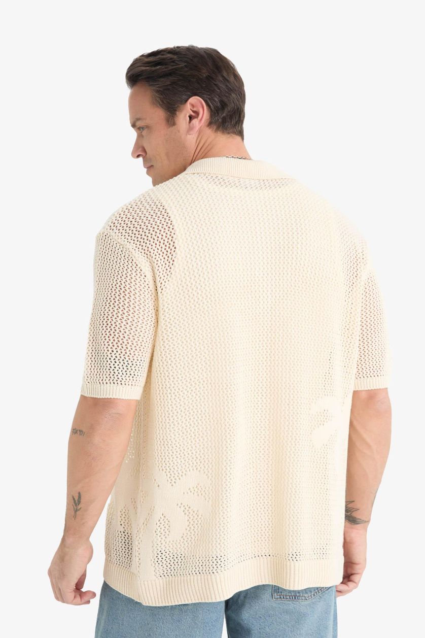 Erkek Ekru Standart Fit Polo Yaka Triko Kısa Kollu Tişört