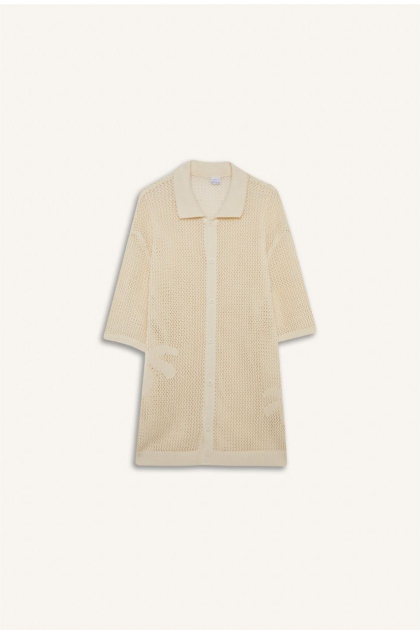 Erkek Ekru Standart Fit Polo Yaka Triko Kısa Kollu Tişört