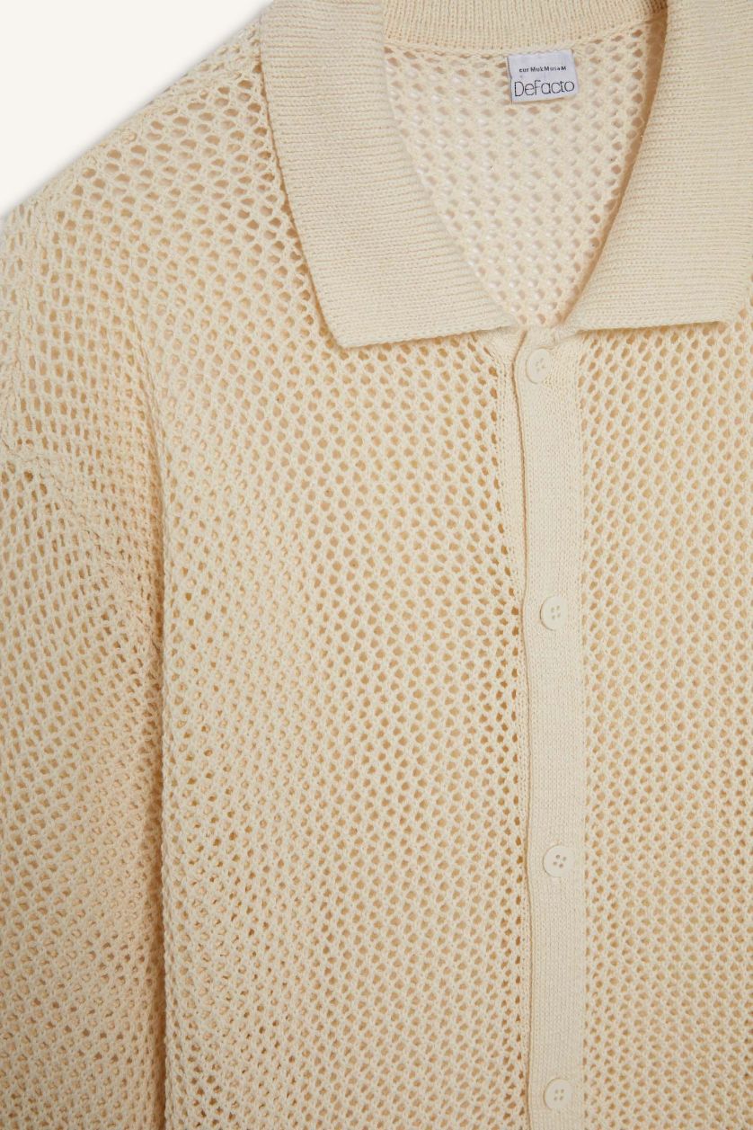 Erkek Ekru Standart Fit Polo Yaka Triko Kısa Kollu Tişört