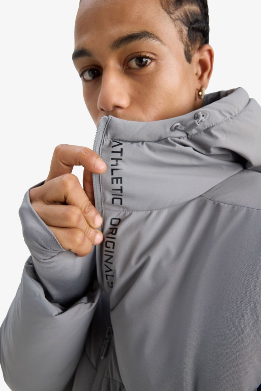Erkek Açık Gri Su İtici Regular Fit Kapüşonlu Fermuarlı Rüzgar Geçirmez Mont