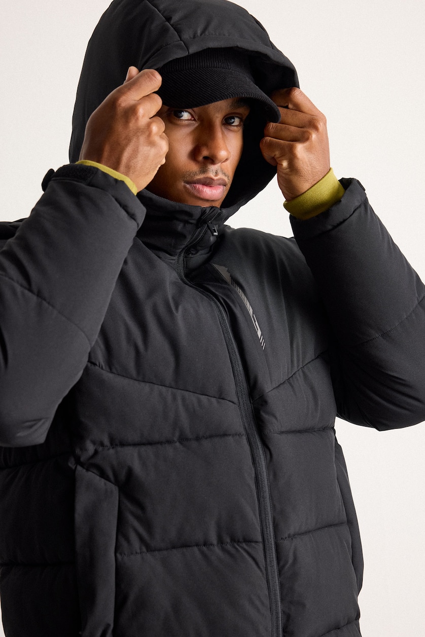 HOMME Noir Doudoune à capuche et poches chaude déperlante et coupe-vent Coupe régulière