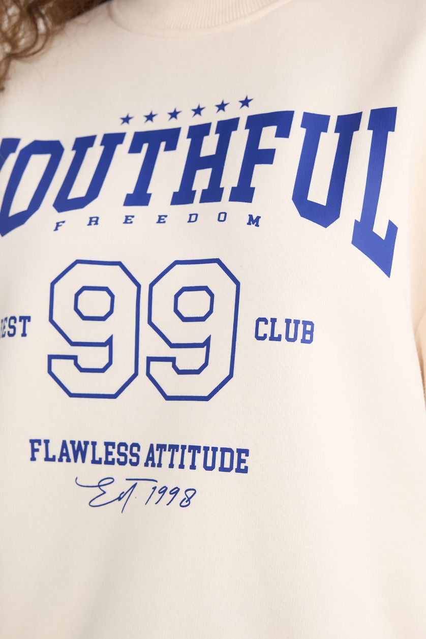 Женщины Кремовый Стандартный крой с круглым вырезом с принтом из толстой ткани свитшот