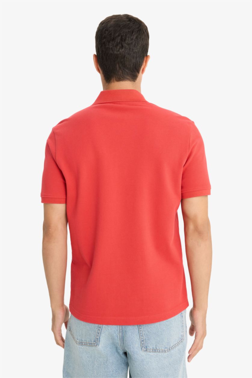 رجال أحمر فاتح تيشيرت بولو سادة نص ردن قصة عادية