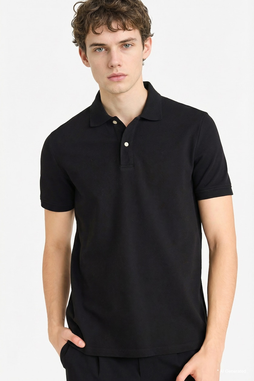 Erkek Siyah %100 Pamuk Regular Fit Polo Tişört