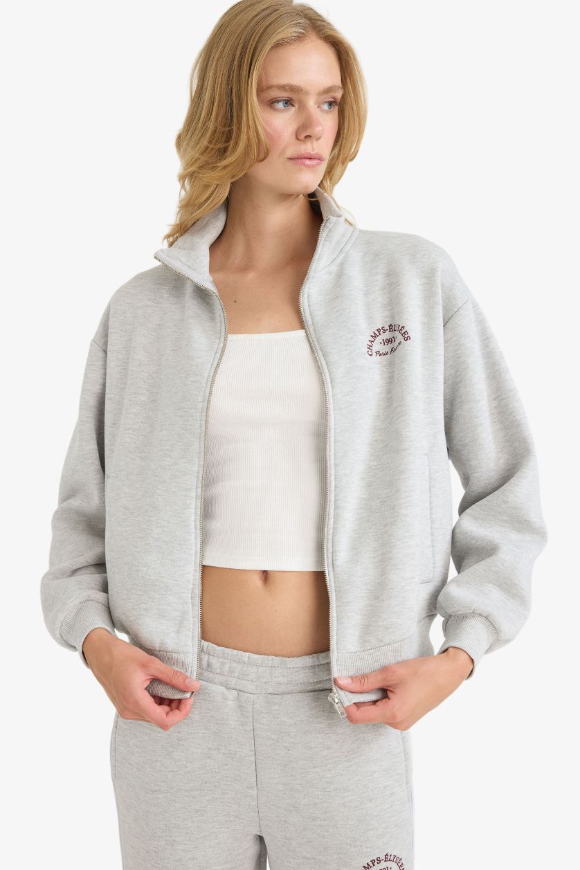 Женщины Серый меланж Свободный крой с полуворотником-свитшотом с принтом толстые на молнии свитшоты