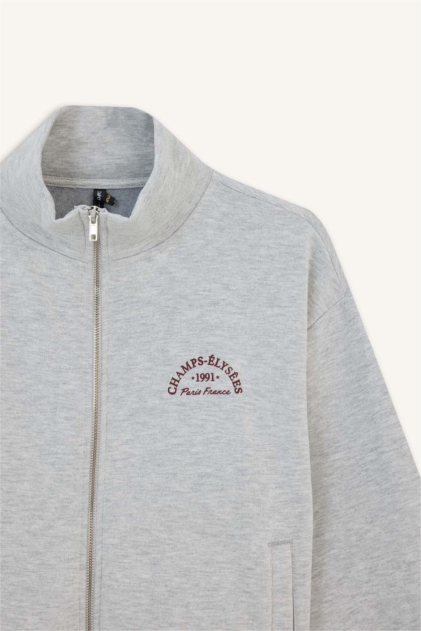 Женщины Серый меланж Свободный крой с полуворотником-свитшотом с принтом толстые на молнии свитшоты