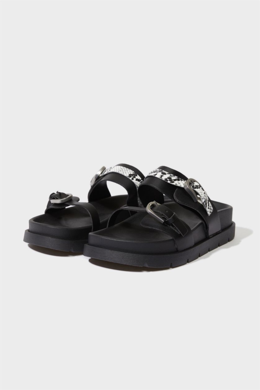 FEMME Noir Sandales à deux brides en simili cuir pour femme