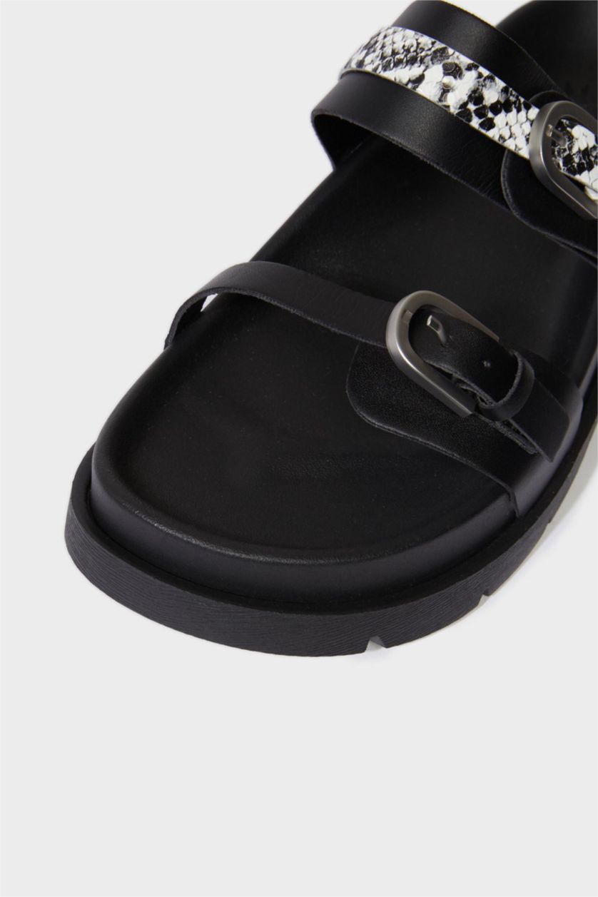 FEMME Noir Sandales à deux brides en simili cuir pour femme