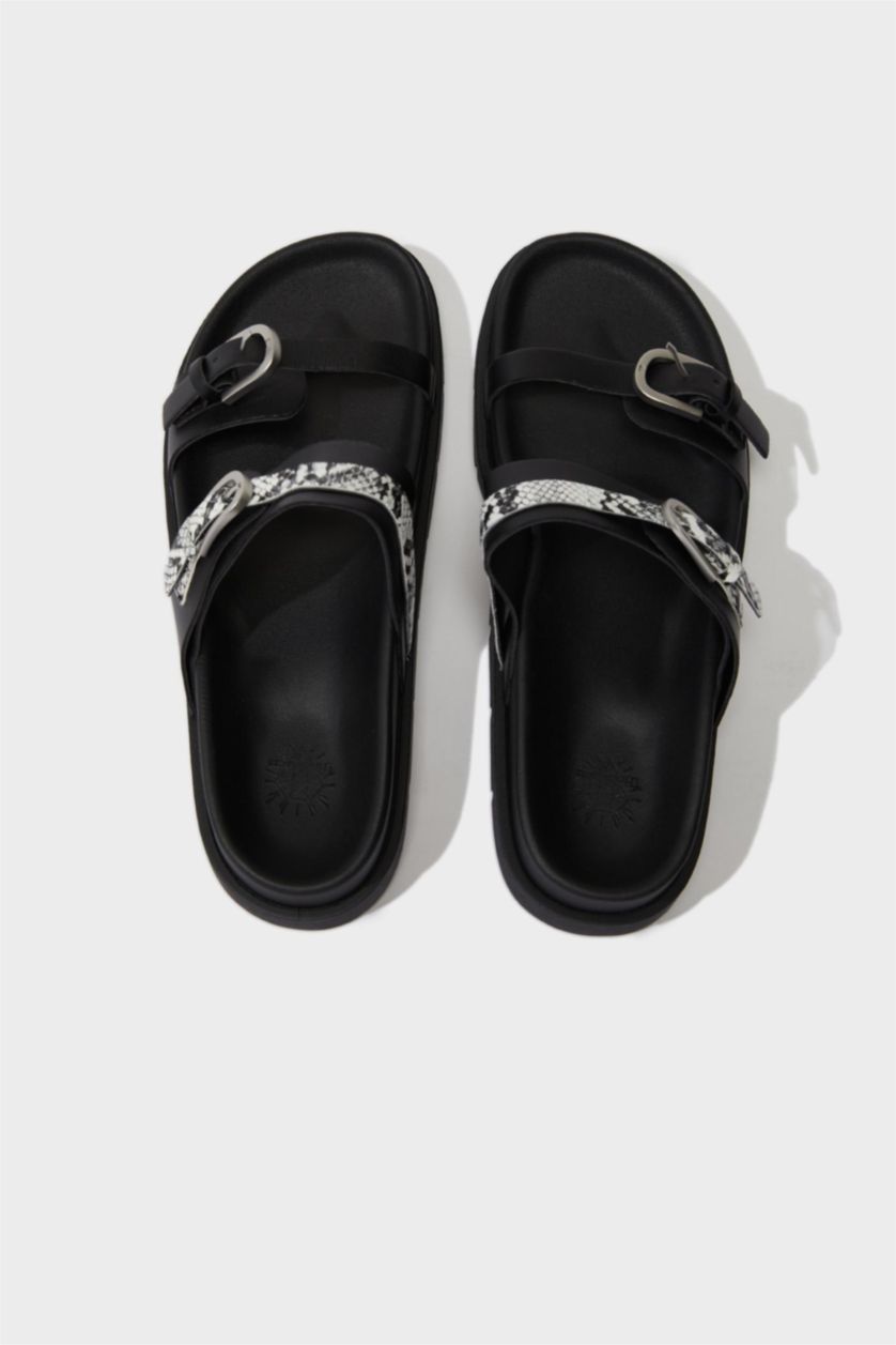 FEMME Noir Sandales à deux brides en simili cuir pour femme